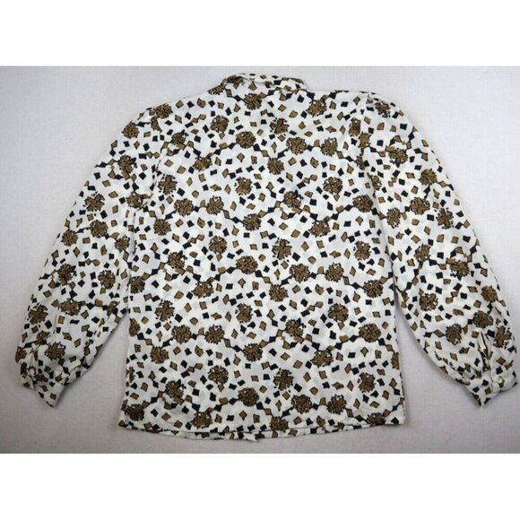 VINTAGE WOMEN'S WHITE BLACK GOLD PRINT LONG SLEEVE BLOUSE - JONQUIL JUDY BOND 12 - Picture 8 of 9